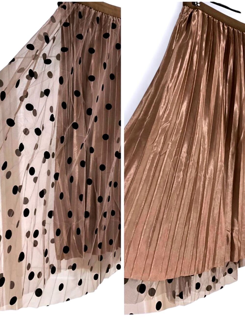 NWT Euro Polka Dot Mesh Reversible Pleated A-Line Midi Skirt Satin Two-Way Wear - Picture 8 of 10